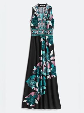 Black, Teal & Pink Floral Ella Jersey Maxi Dress